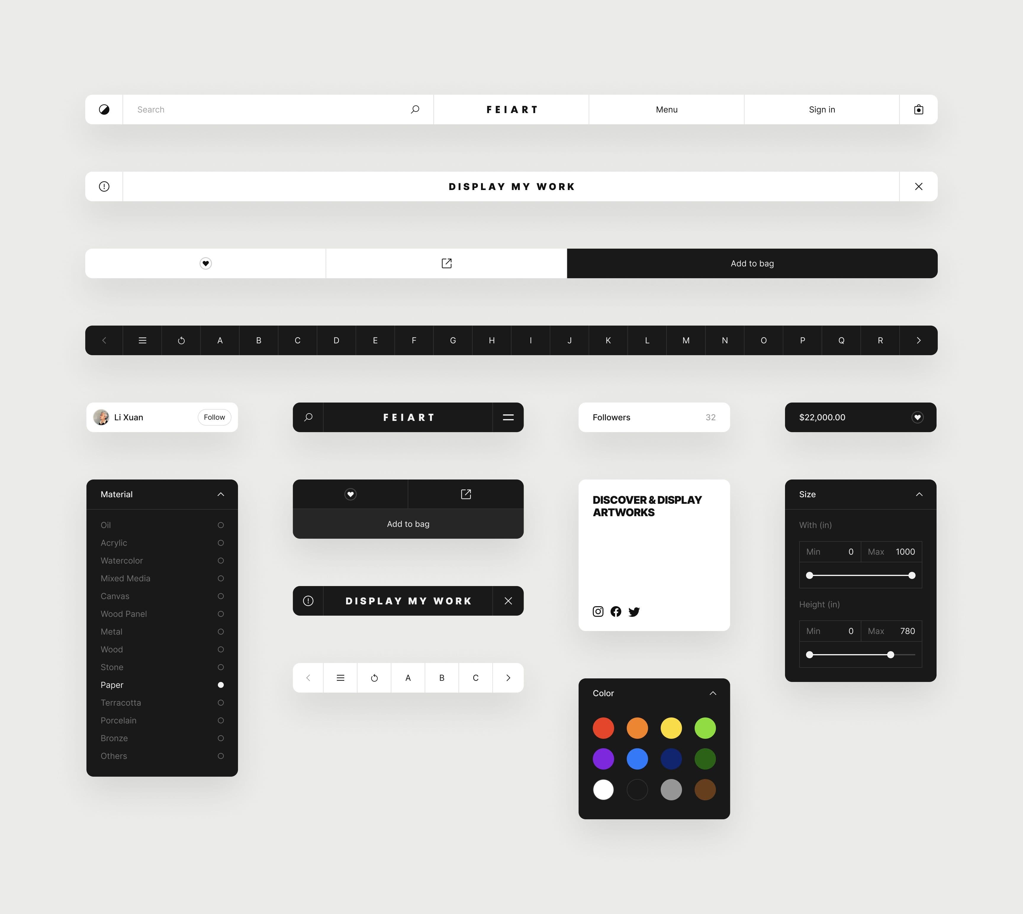 Headers, components, and filters used on FEIART's website design